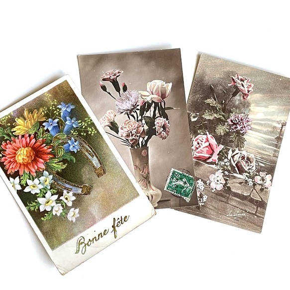 古董明信片3張裝・玫瑰・康乃馨・馬蹄鐵｜法國 第1張的照片