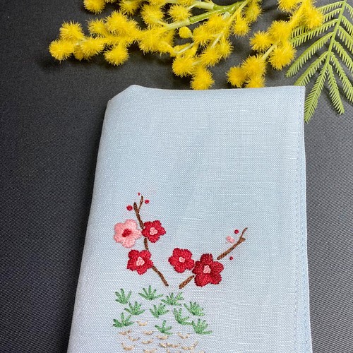 リネン手刺繍ハンカチ「桜」30cm×30cm「パステルブルー」 その他