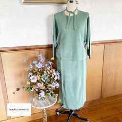 春ニット✿ロング タイト スカート くすみグリーン　2 green knit SK 1枚目の画像