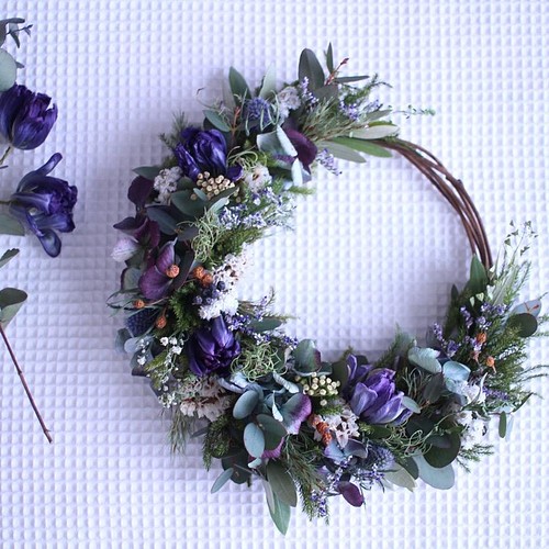 母の日ギフト●紫チューリップと白い小花のガーデンリース✳︎ドライフラワー