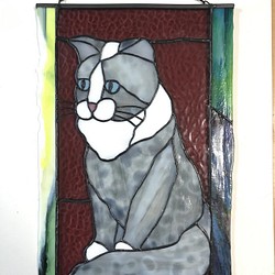 ステンドグラス　高級アートパネル　インテリア壁掛け（Ap-48.グレー猫） 1枚目の画像