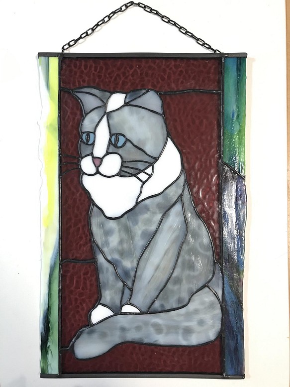 ステンドグラス　高級アートパネル　インテリア壁掛け（Ap-48.グレー猫） 1枚目の画像