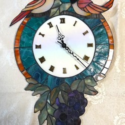 ステンドグラス　高級壁掛け時計（Ap-50.小鳥と葡萄） 1枚目の画像