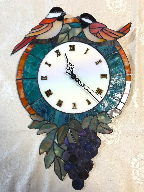 ステンドグラス　高級壁掛け時計（Ap-50.小鳥と葡萄）