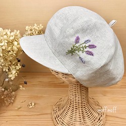 【キッズ】フレンチリネンのラベンダー刺繍　キャスケット帽　 1枚目の画像