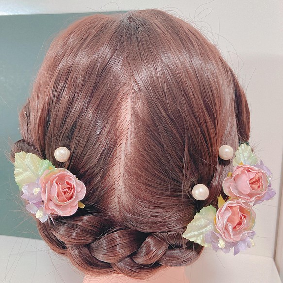 パールピンクローズと小花の髪飾り