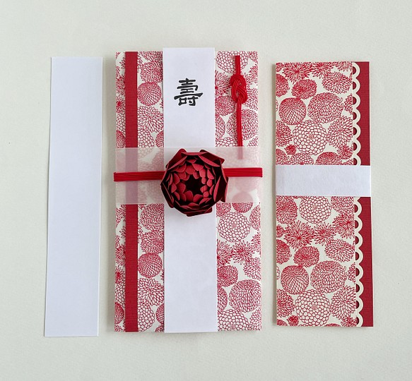 ご祝儀袋と一筆箋サイズのカードのセット 中袋 短冊付 / お花柄和紙:赤