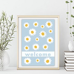 グラフィックデザインポスター welcome/ 春 花 ボタニカル 自然  ポップ モダンアート ライトブルー ホワイト 1枚目の画像