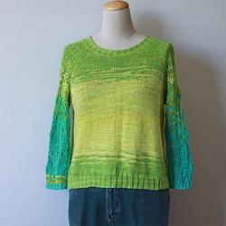 手工編織黃綠色系七分袖鏤空毛衣 第1張的照片