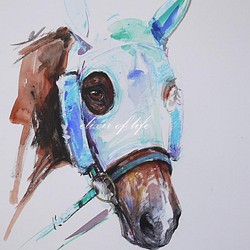青いマスクの競走馬２０２２(墨、水彩、アクリル、パステル、水彩画用紙、38cm×２7ｃｍ) 1枚目の画像