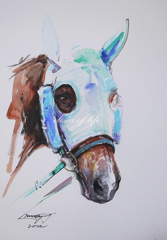 青いマスクの競走馬２０２２(墨、水彩、アクリル、パステル、水彩画用紙、38cm×２7ｃｍ) 1枚目の画像