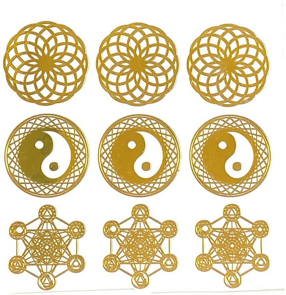【3種類セット】神聖幾何学模様 シール ハンドメイド用 (トーラス 3枚・太極図 3枚・メタトロンキューブ 3枚）金属製 1枚目の画像