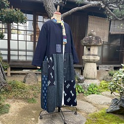 【着物リメイク】藍染め絣の羽織りワンピース/刺し子/ギャザー 
