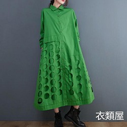 フリーサイズ 秋新作 おしゃれ 20304050代 上質おしゃれゆったり大きいサイズ 長袖ロングシャツワンピース 緑 1枚目の画像