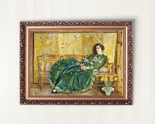 【NO.378】屏風と緑色ドレスの女性絵画アートポスター 和柄和 