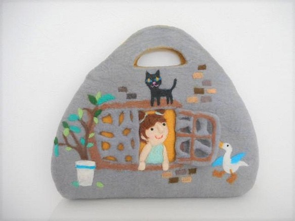 黒猫とアヒルと窓辺の女の子バッグ 1枚目の画像