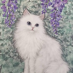 「藤と白猫」日本画 原画 F6号 送料無料 1枚目の画像
