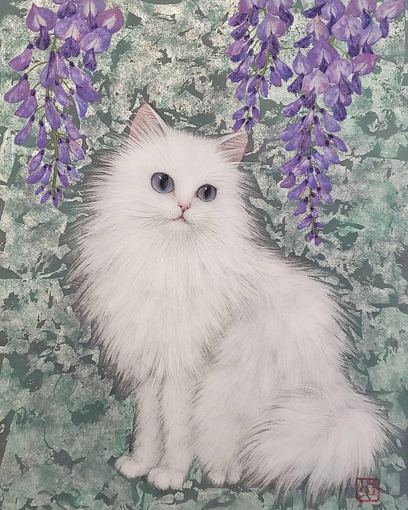 「藤と白猫」日本画 原画 F6号 送料無料 1枚目の画像