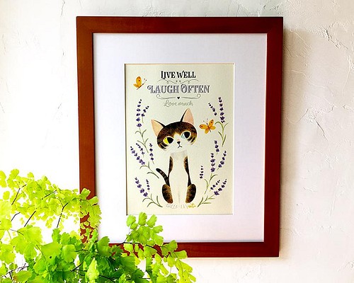 ウォールアートポスターA4サイズ 「猫と蝶とラベンダー “キジ白猫 