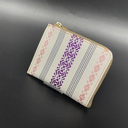 本場筑前博多織献上柄本革ミニ財布6 イタリアンレザー使用 白/紫、ピンク　絹100% 1枚目の画像