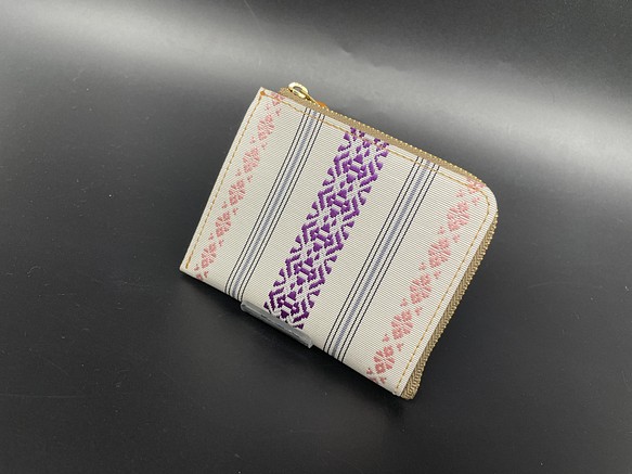 本場筑前博多織献上柄本革ミニ財布6 イタリアンレザー使用 白/紫、ピンク　絹100% 1枚目の画像