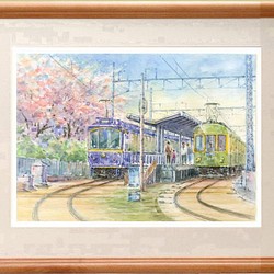 水彩画原画 桜と江ノ電・鵠沼駅 ＃490 絵画 syoumei 通販｜Creema