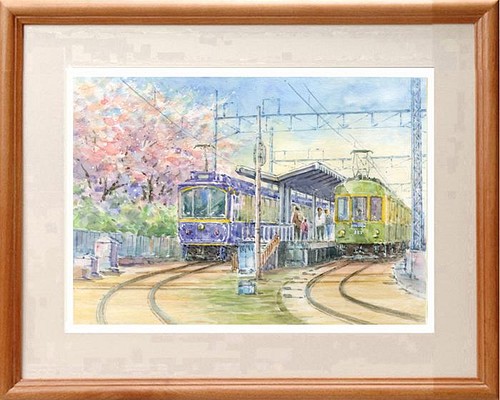 水彩画原画 桜と江ノ電・鵠沼駅 ＃490 絵画 syoumei 通販｜Creema