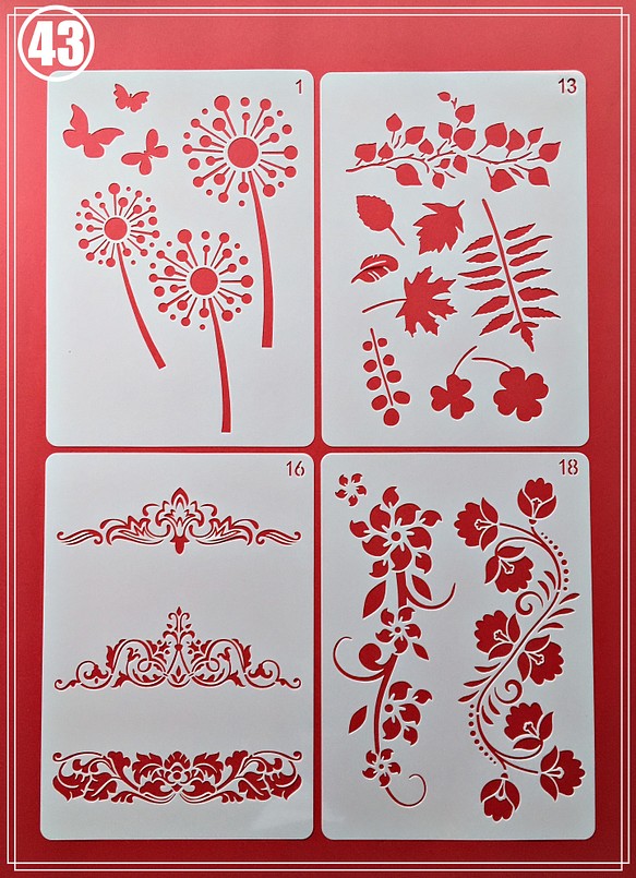 国産品 セット 4枚 ステンシルシート 【No.42】 A4 装飾 花 型紙/パターン