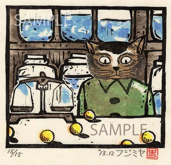 最終値下げ】猫/絵画/版画/手刷り/多色木版画/手彩色/「バラ園」-