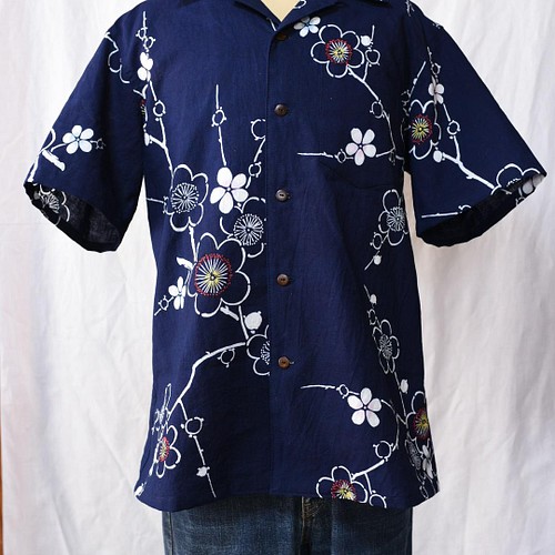 着物リメイク 梅の花の浴衣のアロハシャツ メンズLサイズ シャツ 