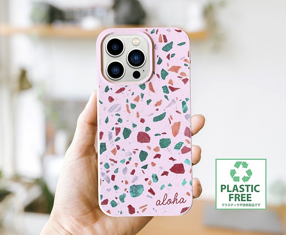 名入れ♪地球に優しいエコ素材♡シーグラス 天然素材のiPhoneケース ピンク SEA GLASS 海の贈り物 1枚目の画像