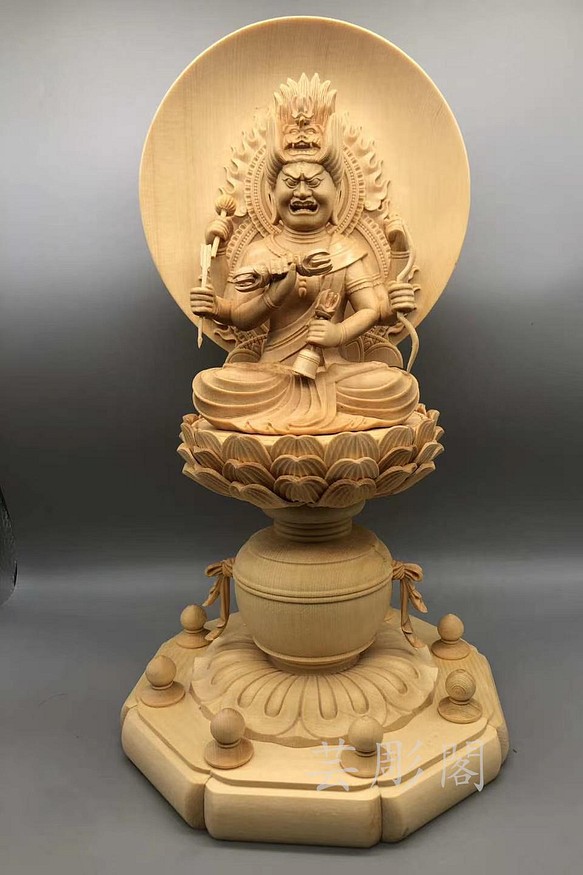 仏教工芸品 総檜材 精密彫刻 極上品 木彫仏像 愛染明王座像 彫刻 芸彫