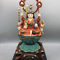 【流】仏教美術 彩色木彫騎馬神像 台付 高28cm TT224