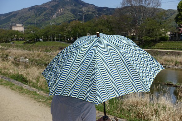 京都の伝統的な技法「手捺染(てなっせん)」仕上げ　二重張日傘（オーロラ×おねしょをしている時の夢：ブルー） 1枚目の画像