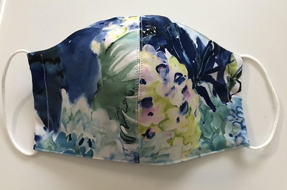 職人が作る布マスク　レオタード生地ブルー系花柄 1枚目の画像