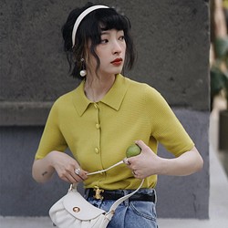 翻領針織短袖衫-黃色|針織衫|兩色|夏春款|Sora-936 第1張的照片