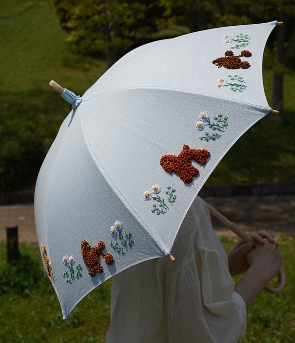 リアル ハンドメイド 日傘 刺繍生地使用 竹持ち手 猫
