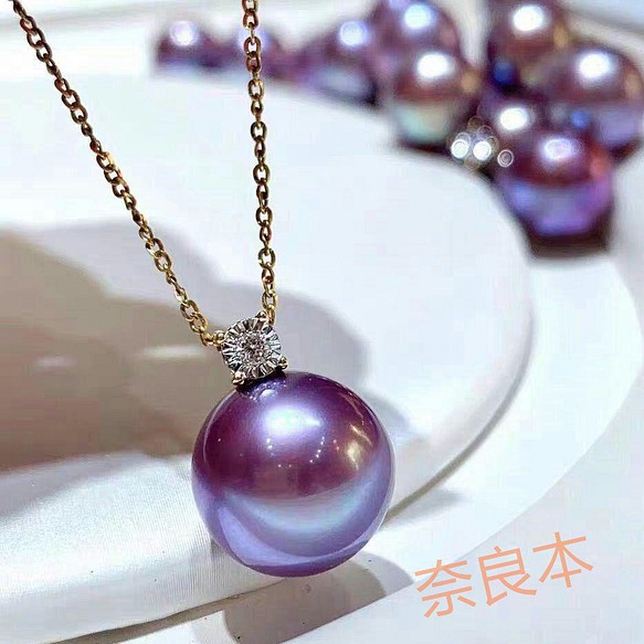 紫真珠ネックレス 14mmk18真珠の首飾りG1175-