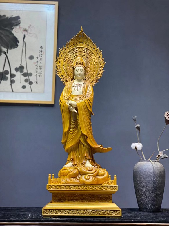 仏教美術 観音菩薩立像 木彫 仏像 極細工 置物 高:102cm その他素材