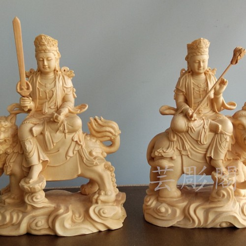 仏教工芸品 文殊菩薩 普賢菩薩一式 精密細工 置物 木彫仏像 彫刻 芸彫