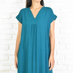 [再次上架] 簡單的 V 領連衣裙藍綠色 第1張的照片
