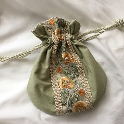 インド刺繍 リボン まんまる 丸巾着 ポーチ グリーン