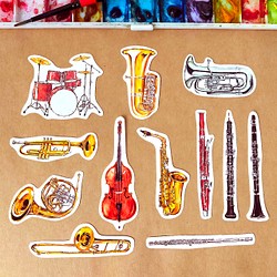 【12種類セット】吹奏楽の楽器ステッカー ミニサイズ　耐水＆UVカット・光沢素材で長期間綺麗 1枚目の画像