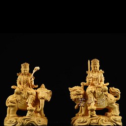 文殊菩薩 普賢菩薩座像一式 供養品 木彫仏像 仏教美術 置物 彫刻 芸彫