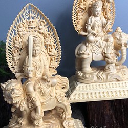 文殊菩薩 普賢菩薩 供養品 木彫仏像 仏教美術 置物 彫刻 芸彫閣 通販｜Creema(クリーマ) 13876039