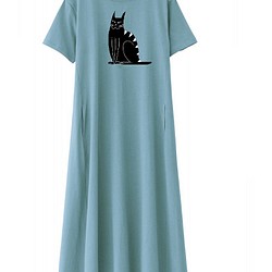黒猫柄　レディースTシャツフレアワンピース綿100％【S～4L】 1枚目の画像