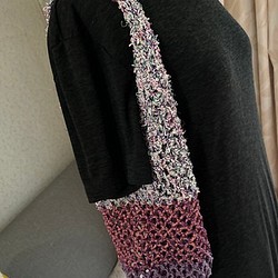 ネット編みバッグ2　ピンク・紫・段染め　綿糸・リボンヤーン使用 1枚目の画像