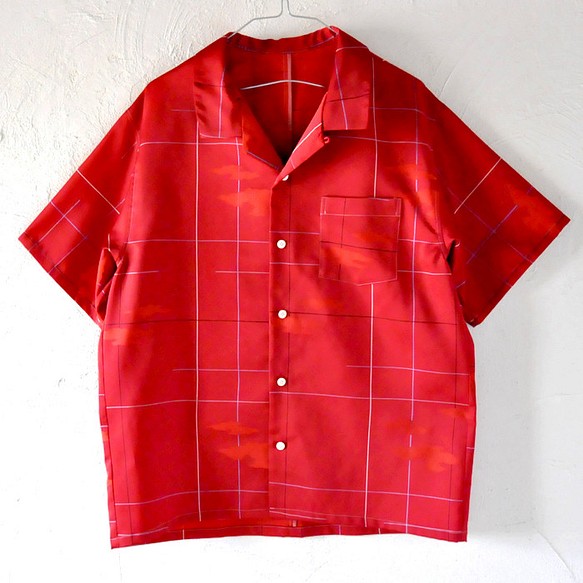 【反物リメイク】赤紅色｜アロハシャツ シャツ リメイクシャツ 半袖 開襟シャツ オープンカラー 柄シャツ 赤 レッド M