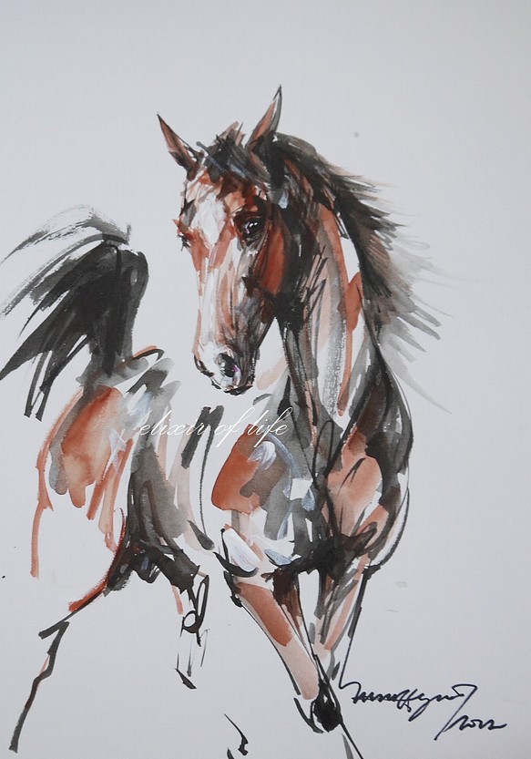 若い赤い牡馬(A4サイズ、29cm×２１ｃｍ、水彩画用紙、墨、アクリル) 1枚目の画像
