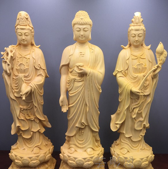 最高級 仏教工芸品 極上品 木彫仏教 阿弥陀如来三尊 勢至菩薩 観音菩萨 